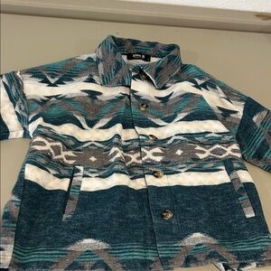 Blue B Collection Women's Geometric Button Down Shirt - Teal and Gray